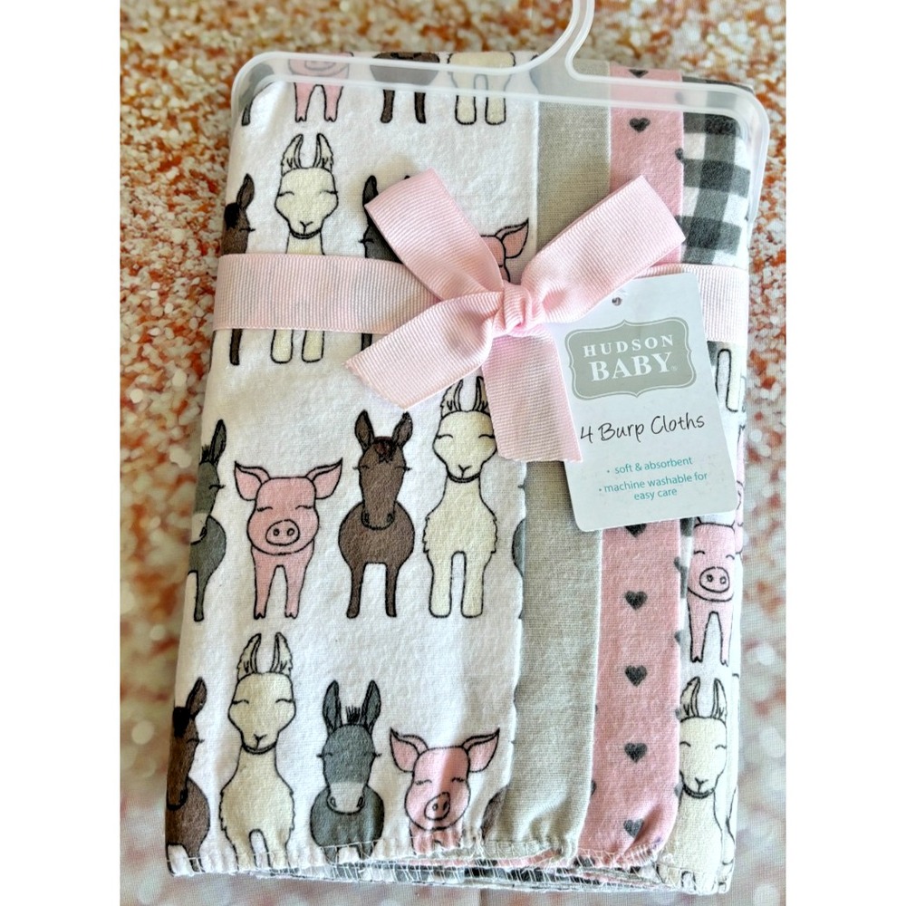 Hudson Baby 4 Pack Burp Cloths Pink Grey Farm Animals Llama Pig Donkey Gingham